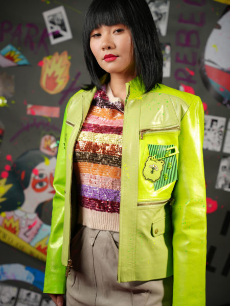 spark+rebel modular eco fashion brand lime green upcycled jacket casual street style in sustainable fashion on etsy