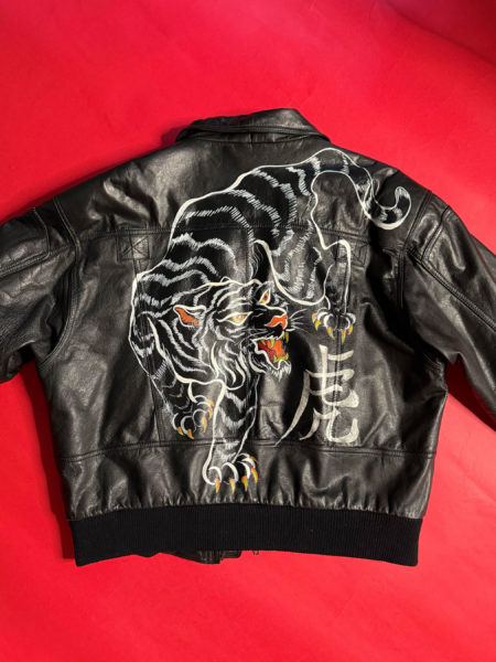 spark+rebel modular eco fashion brand vintage leather jacket white tiger print print casual street style in sustainable fashion on etsy