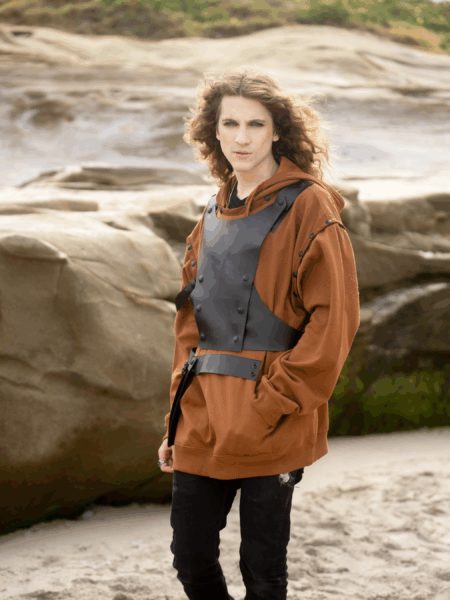 spark+rebel modular eco fashion brand upcycled leather hoodie front pin casual street style in sustainable fashion on etsy