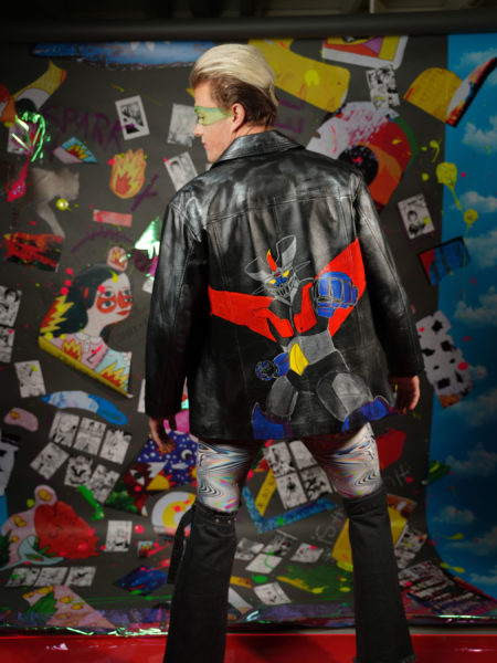 spark and rebel features upcycled leather man jacket japanese mazinger robot in eco fashion
