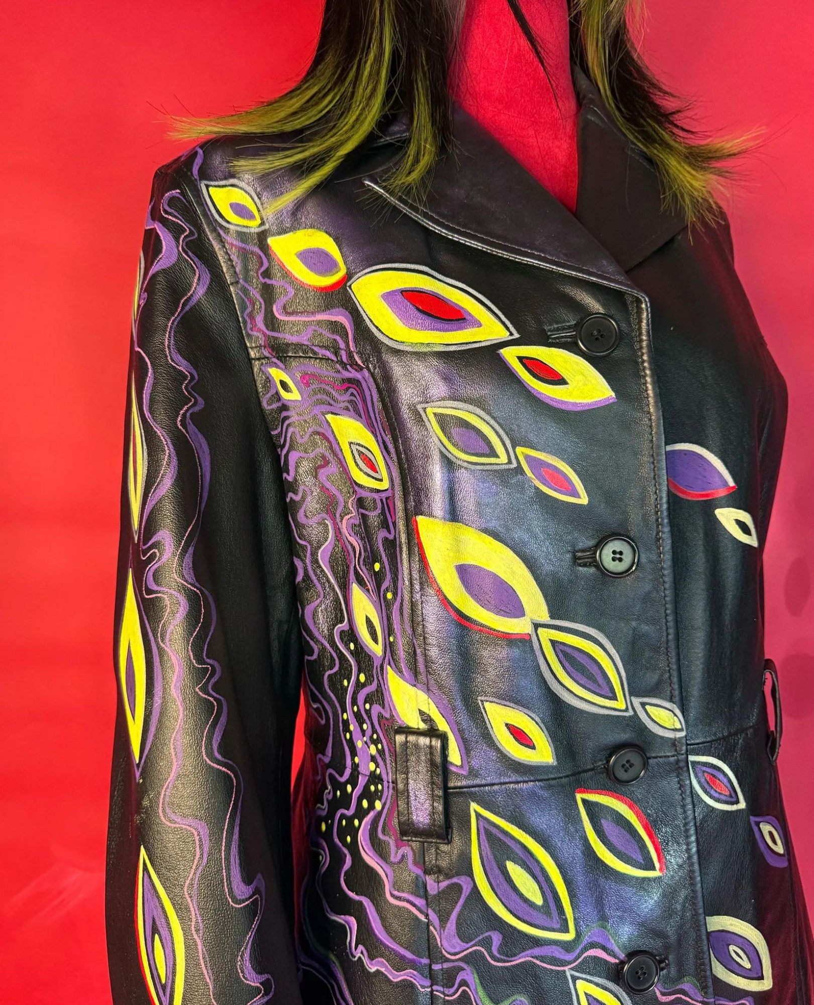 spark+rebel modular eco fashion brand abstract hand-painted leather jacket in sustainable fashion on etsy