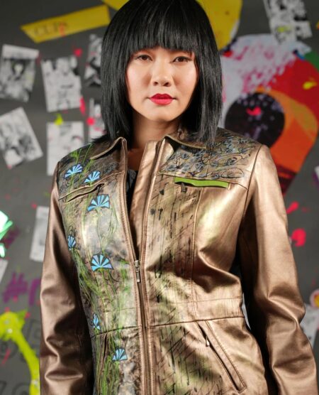 spark+rebel modular eco fashion brand hand-painted bronze upcycled leather jacket in sustainable fashion on etsy