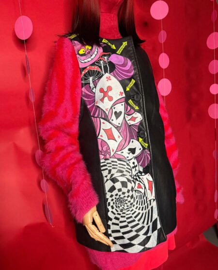 spark+rebel modular eco fashion brand hand-painted cheshire cat leather vest in sustainable fashion on etsy