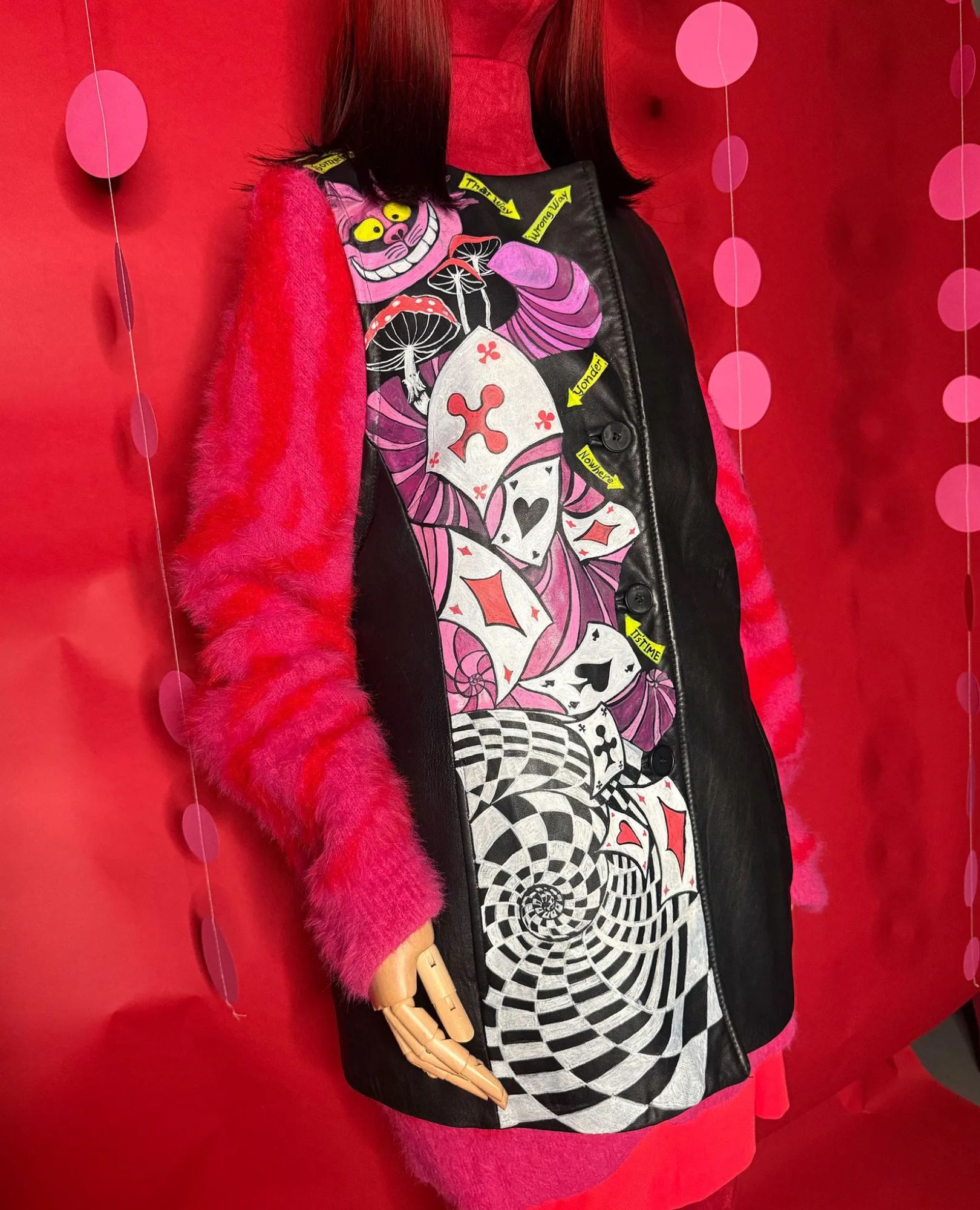 spark+rebel modular eco fashion brand hand-painted cheshire cat leather vest in sustainable fashion on etsy