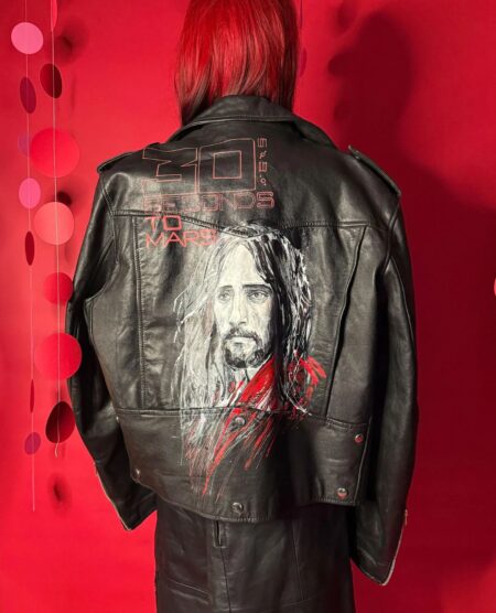 spark+rebel modular eco fashion brand upcycled hand-painted jared leto leather jacket in sustainable fashion on etsy