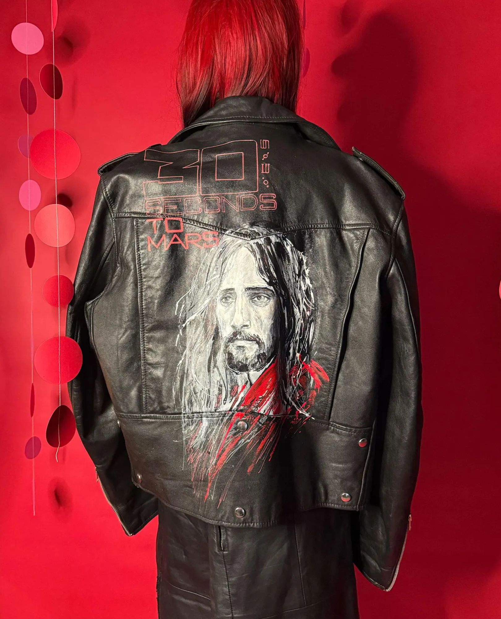 spark+rebel modular eco fashion brand upcycled hand-painted jared leto leather jacket in sustainable fashion on etsy