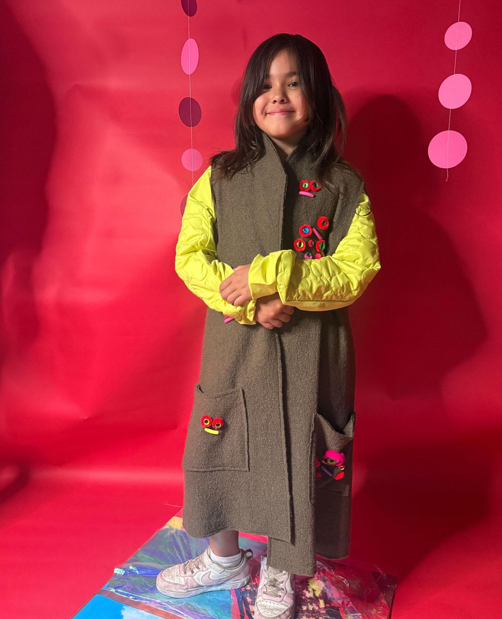 spark+rebel modular eco fashion brand upcycled monster eyes vest and windbreaker set in sustainable fashion on etsy