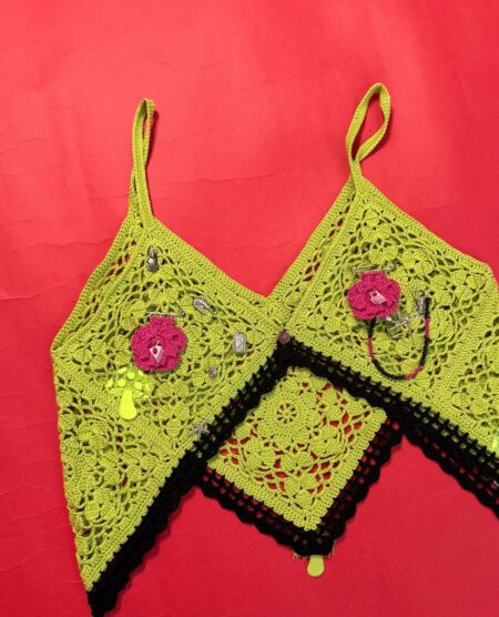 spark+rebel modular eco fashion brand handmade oversized crochet vest with pins in sustainable fashion on etsy