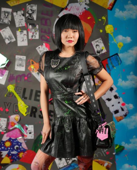 spark+rebel modular eco fashion brand upcycled neon faux leather party dress in sustainable fashion on etsy