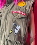 spark+rebel modular eco fashion brand upcycled military patch denim vest in sustainable fashion on etsy
