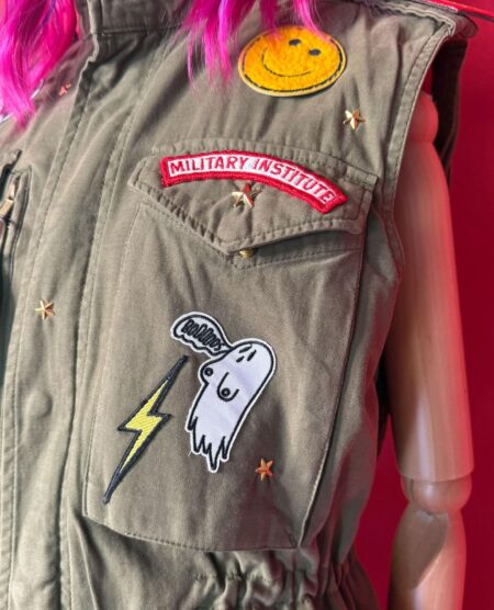 spark+rebel modular eco fashion brand upcycled military patch denim vest in sustainable fashion on etsy
