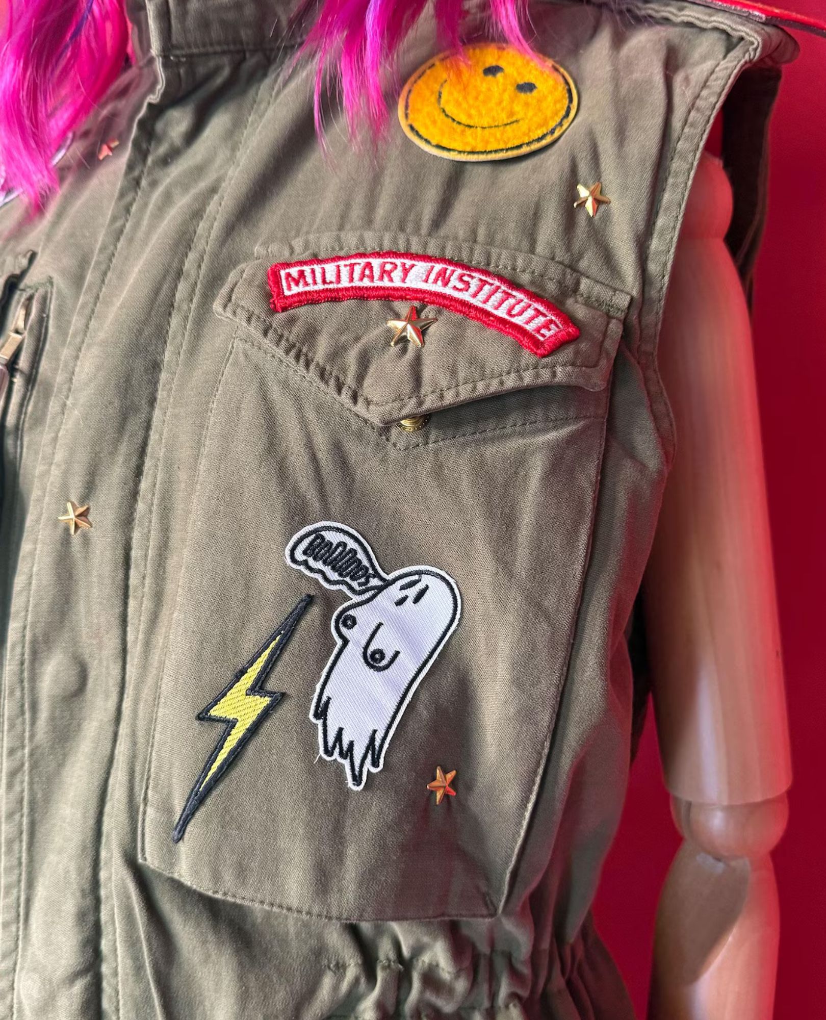 spark+rebel modular eco fashion brand upcycled military patch denim vest in sustainable fashion on etsy