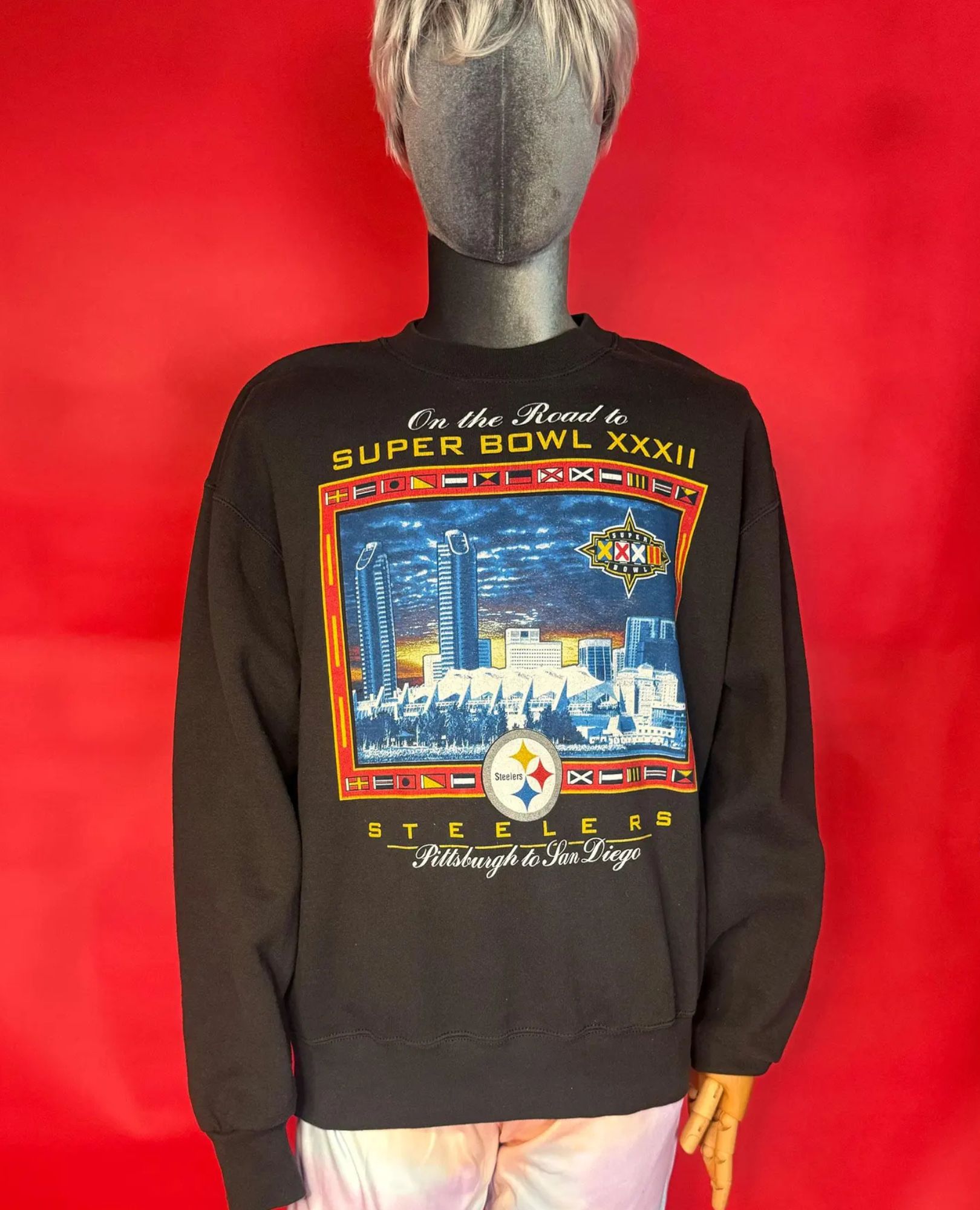 spark+rebel modular eco fashion brand vintage steelers super bowl sweatshirt and 1988 olympics pin set in sustainable fashion on etsy