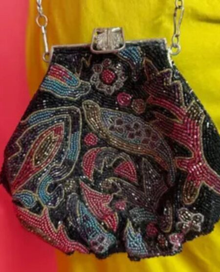 spark+rebel modular eco fashion brand vintage 1940s 50s hand-beaded black bugle bead evening bag with paisley motif in sustainable fashion on etsy