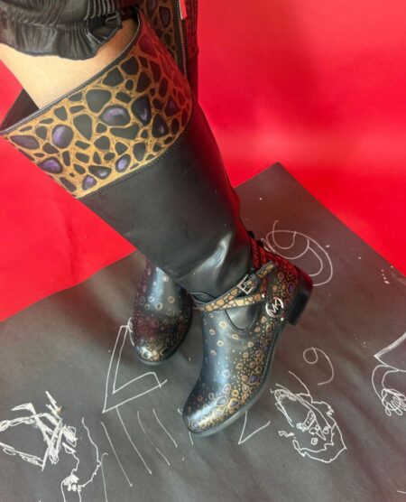 spark+rebel modular eco fashion brand hand-painted gold mosaic knee high leather riding boots in sustainable fashion on etsy