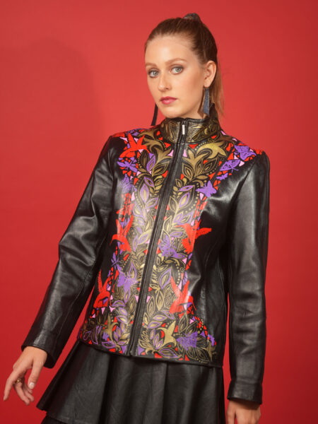 spark+rebel modular eco fashion brand upcycled hand painted leather jacket mushroom print casual street style in sustainable fashion on etsy
