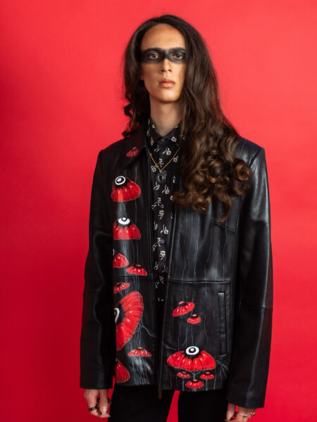 spark+rebel modular eco fashion brand upcycled modular leather jacket mushroom print casual street style in sustainable fashion on etsy